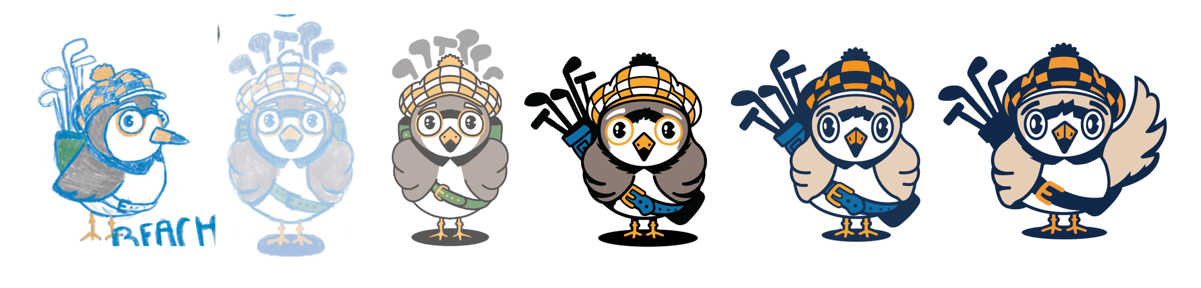 Beach Golf mascot development in six stages, from the first blue sketch through the finished plover in a golf bag