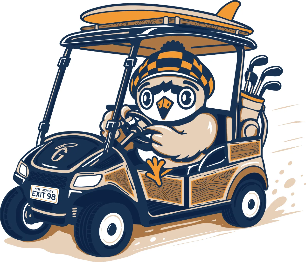 The Beach Golf mascot driving a golf cart with a surfboard strapped to the roof