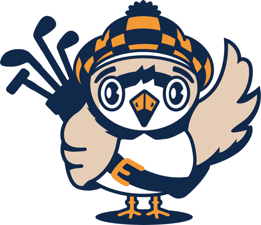 The Beach Golf plover mascot with wings spread, wearing a knit cap and carrying a golf bag