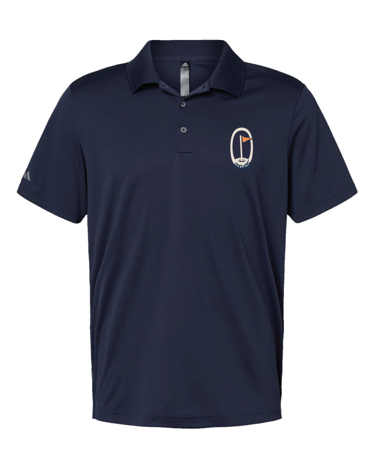 Navy performance polo with the secondary logo embroidered on the chest
