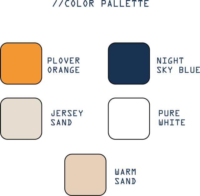 Colour palette — Plover Orange, Night Sky Blue, Jersey Sand, Pure White and Warm Sand