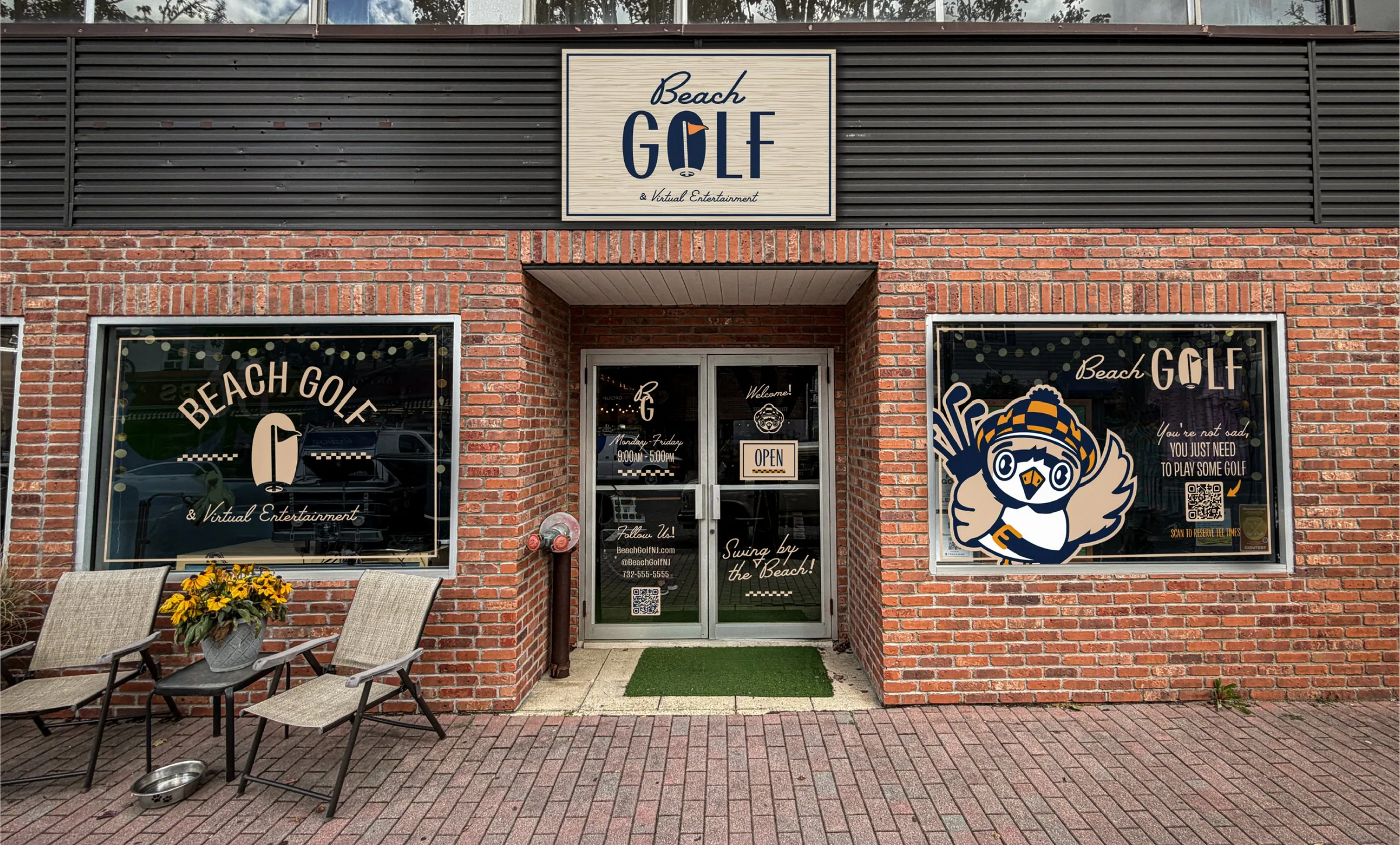 The Beach Golf storefront, with the hanging sign above the door and logo decals across the windows
