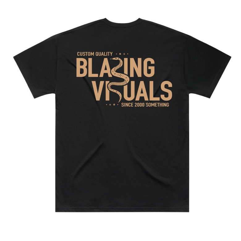 Black tee with the collegiate Blazing Visuals chest print