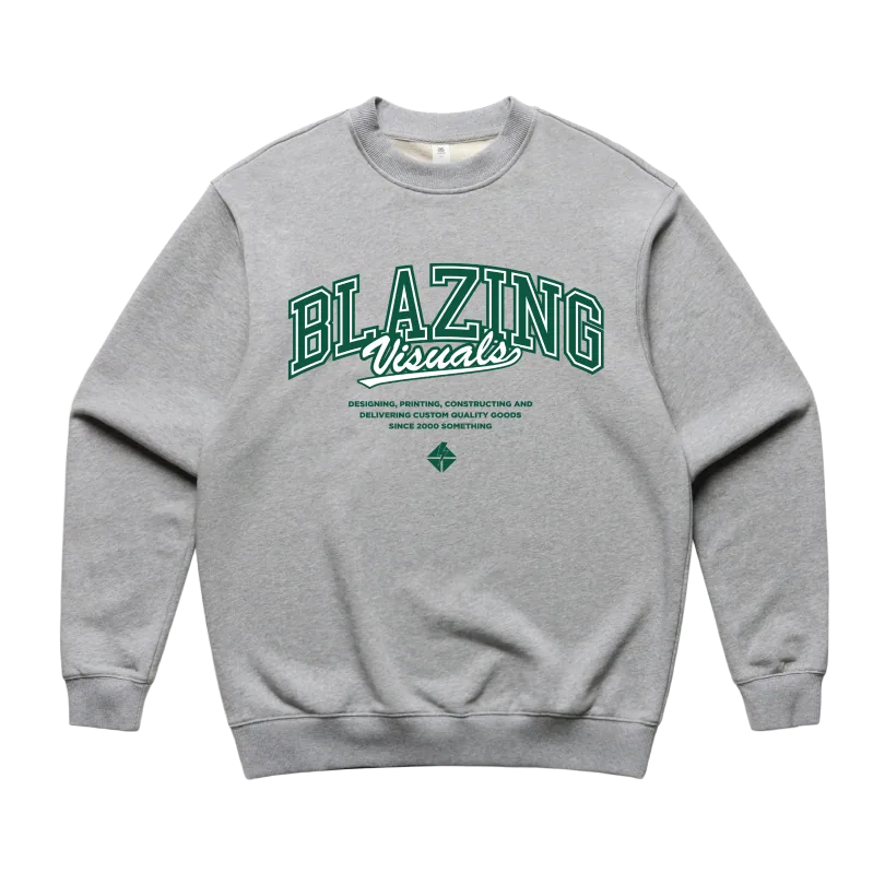 Grey crewneck sweatshirt with the arched Blazing logo