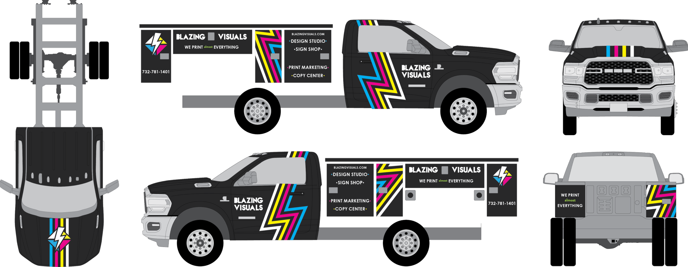 Wrapped service truck shown from multiple angles