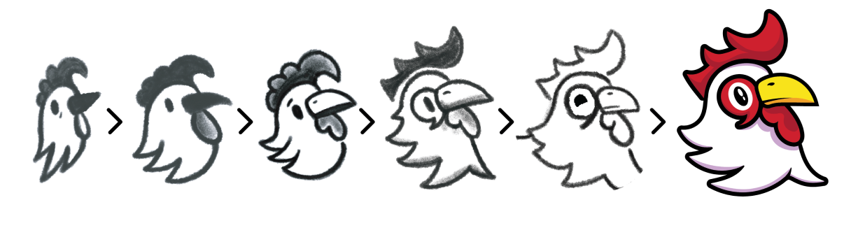 Six rooster head studies progressing from rough sketch to final full-colour mark