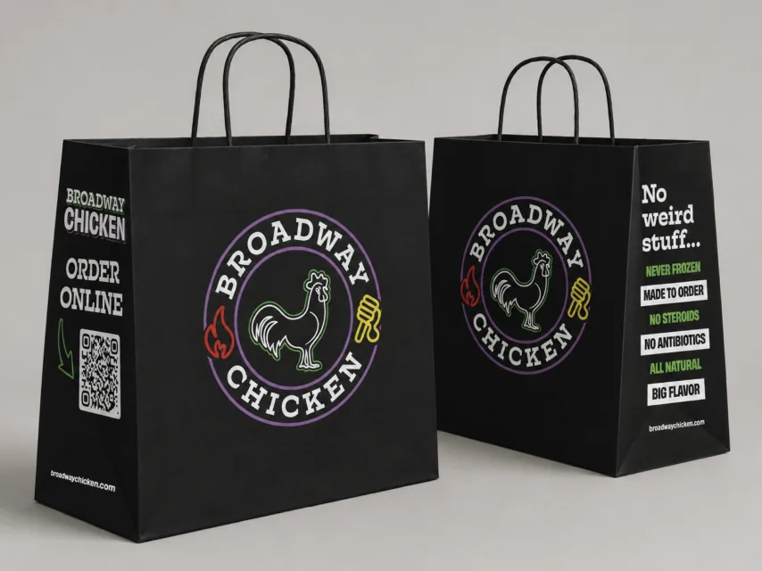 Black takeaway bags with the Broadway Chicken roundel