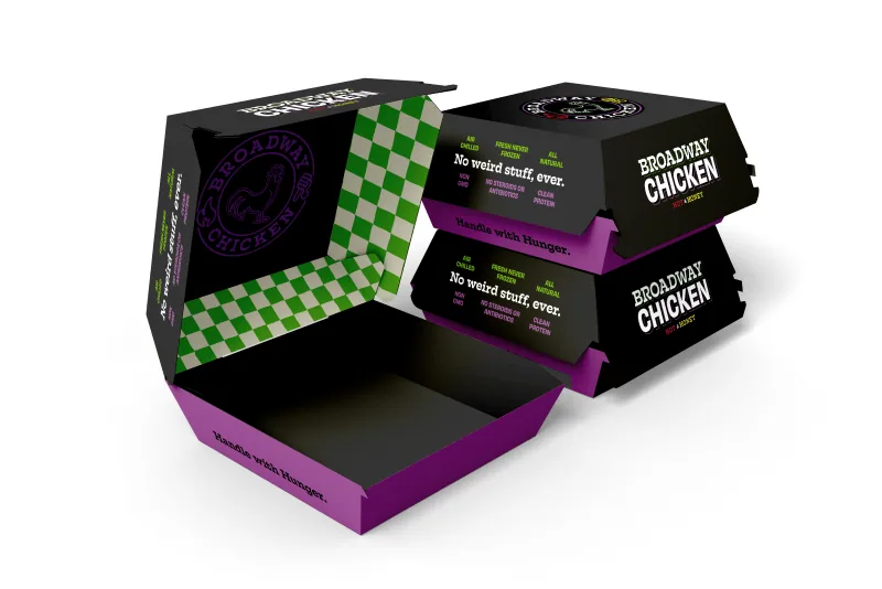 Branded chicken boxes with green gingham interiors