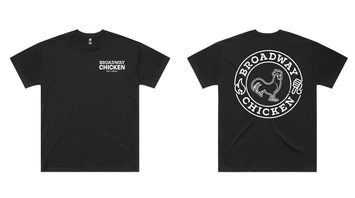 Black tees with a small chest mark and a large roundel across the back