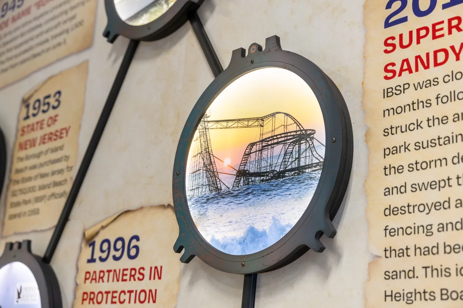 Illuminated acrylic porthole detail with beach photograph
