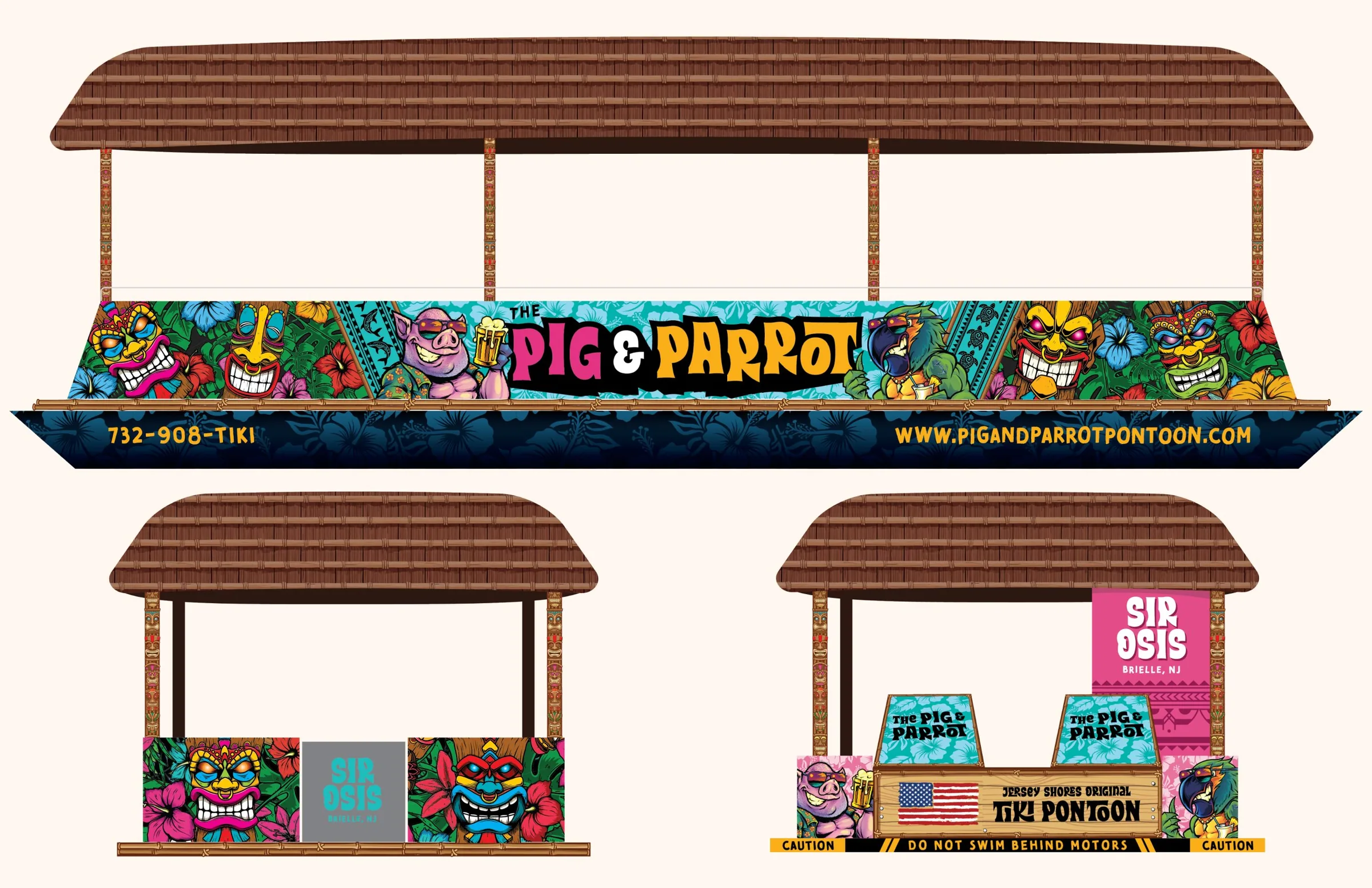 Pontoon wrap artwork shown as a side elevation with bow and stern views
