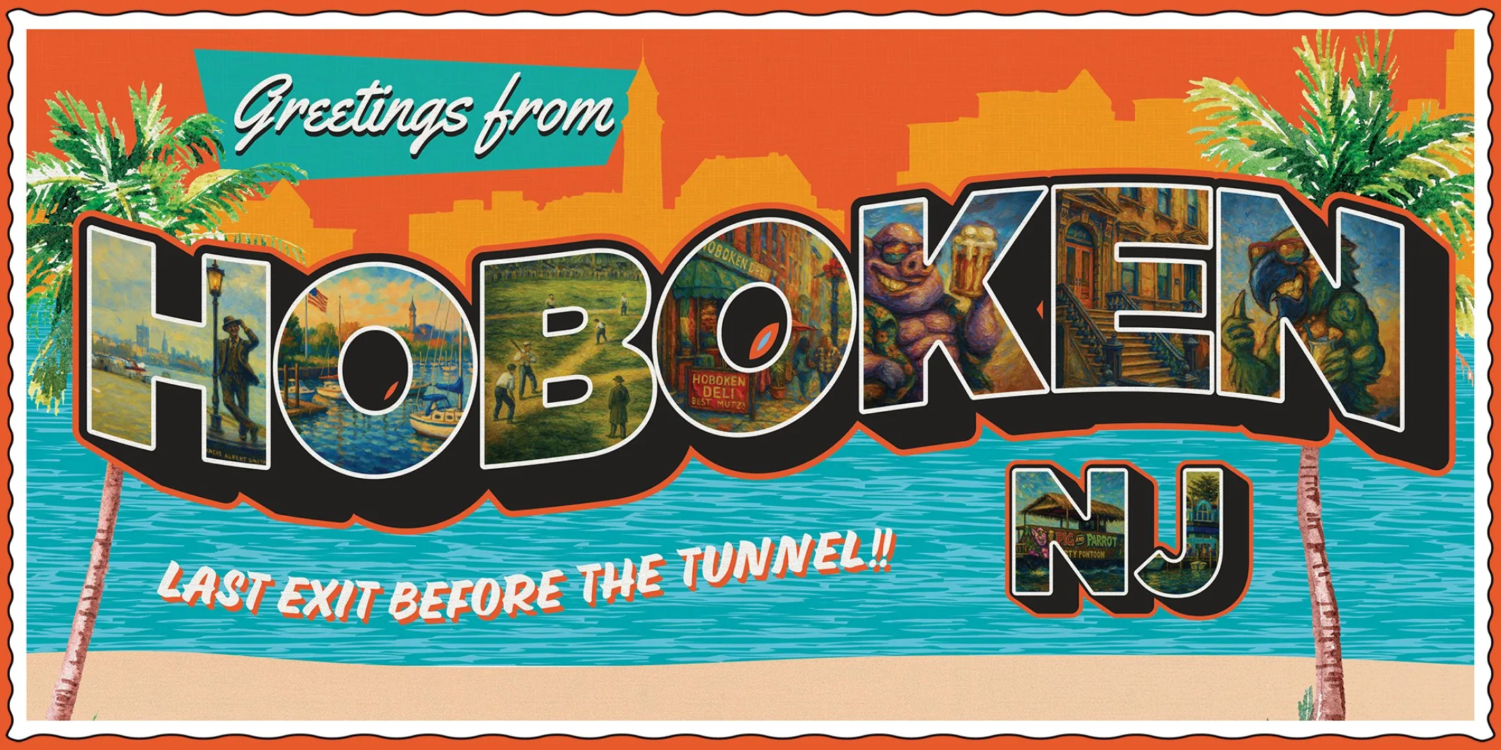 Greetings from Hoboken NJ postcard illustration