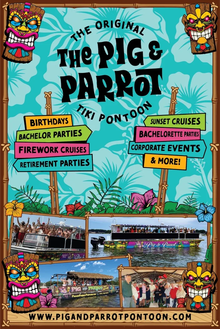 Poster advertising private charters and events aboard the tiki pontoon