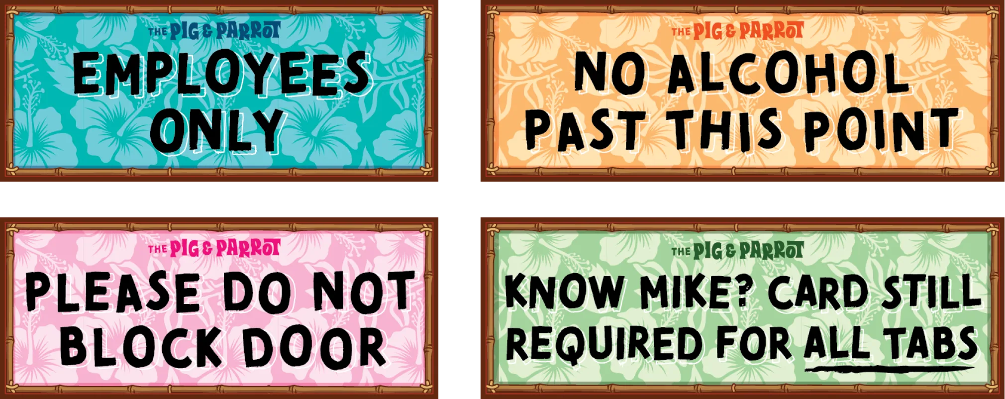 Four onboard signs: employees only, no alcohol past this point, please do not block door, and a bar-tab notice